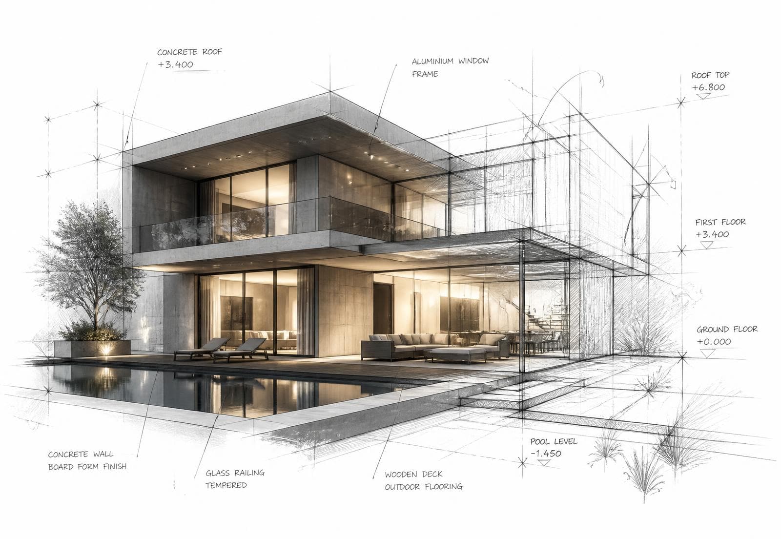Architectural sketch and render of a modern concrete and glass villa