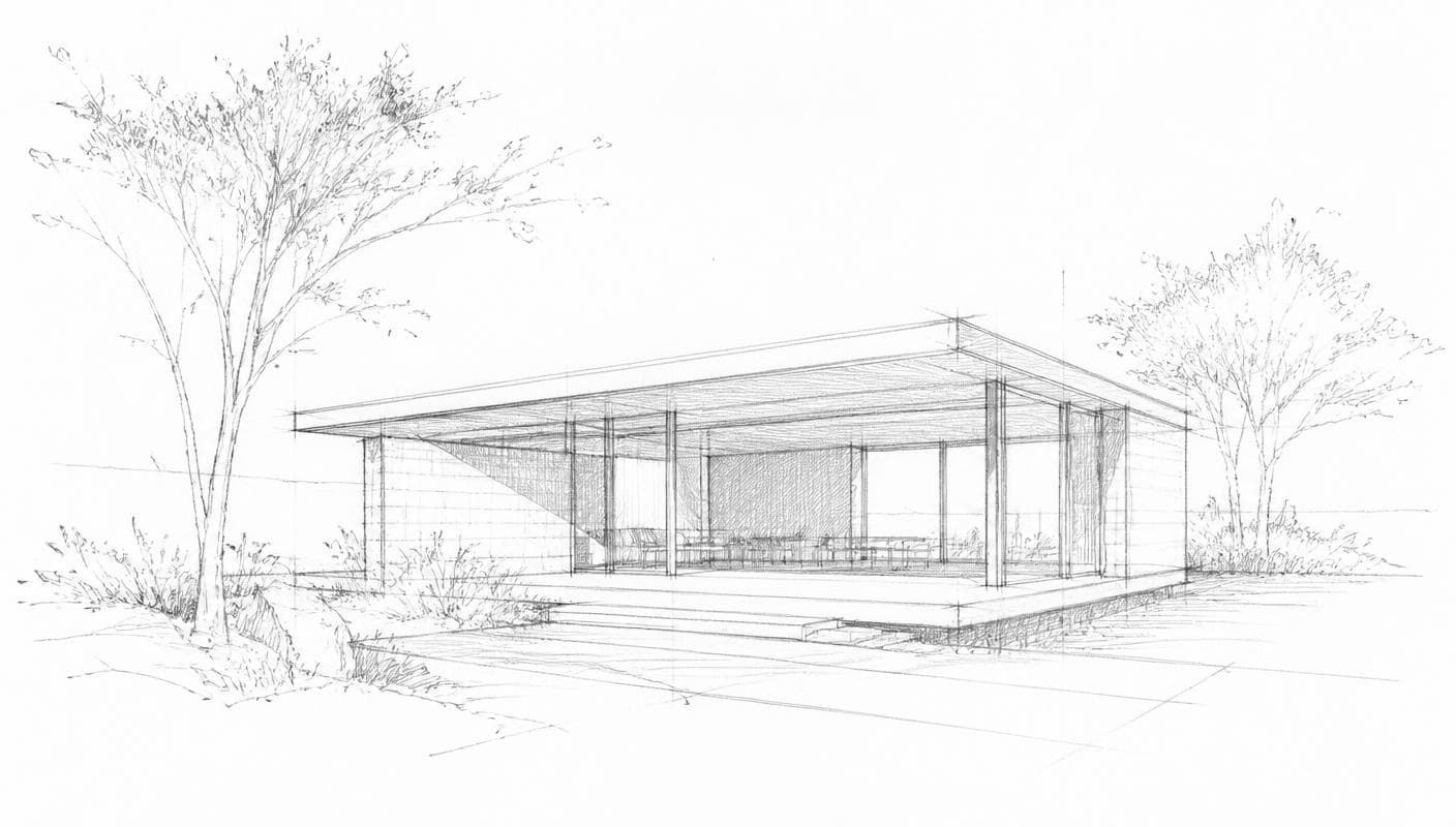 Pencil sketch of a single-storey modern pavilion