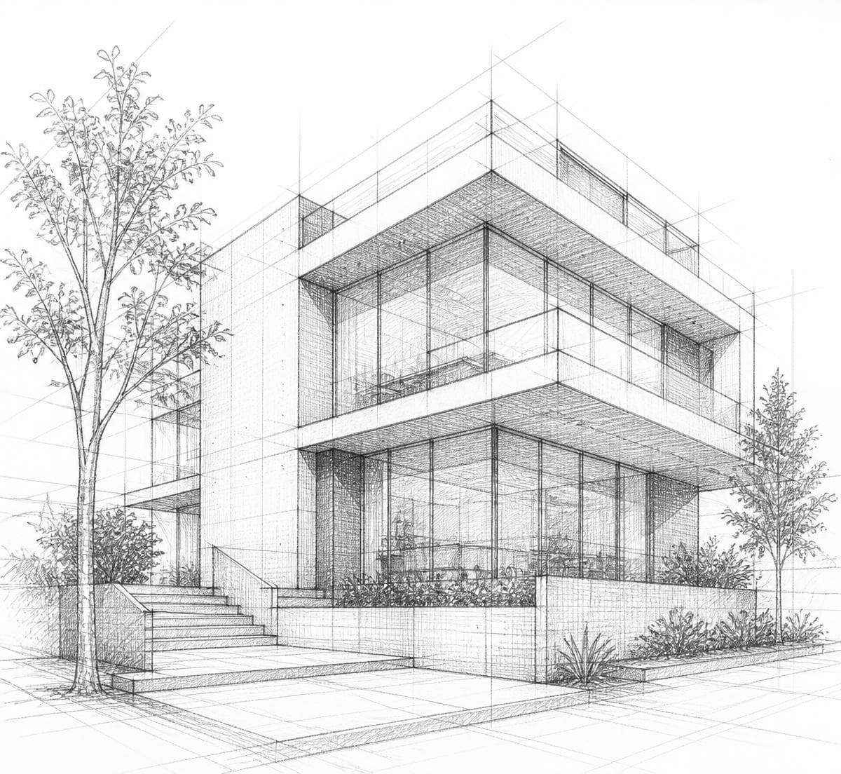 Detailed pencil perspective sketch of a modern glass building